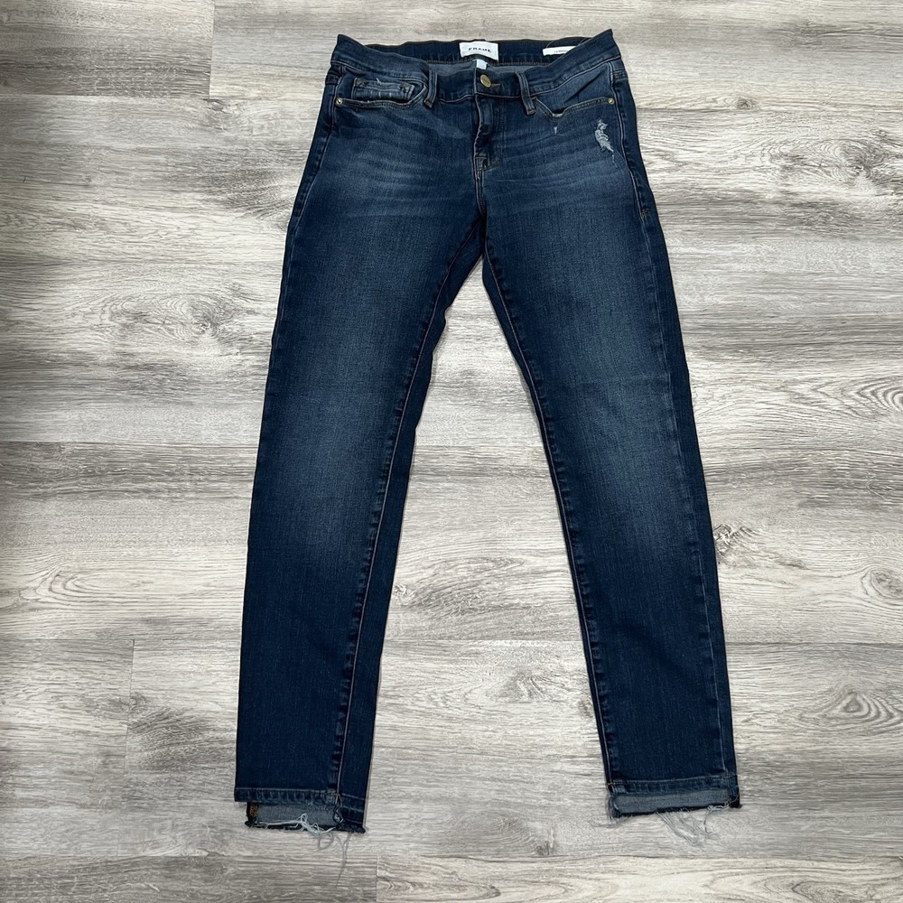 FRAME Denim Skinny Jeans‎ Dark Wash Distressed Hem Women's Size 26
